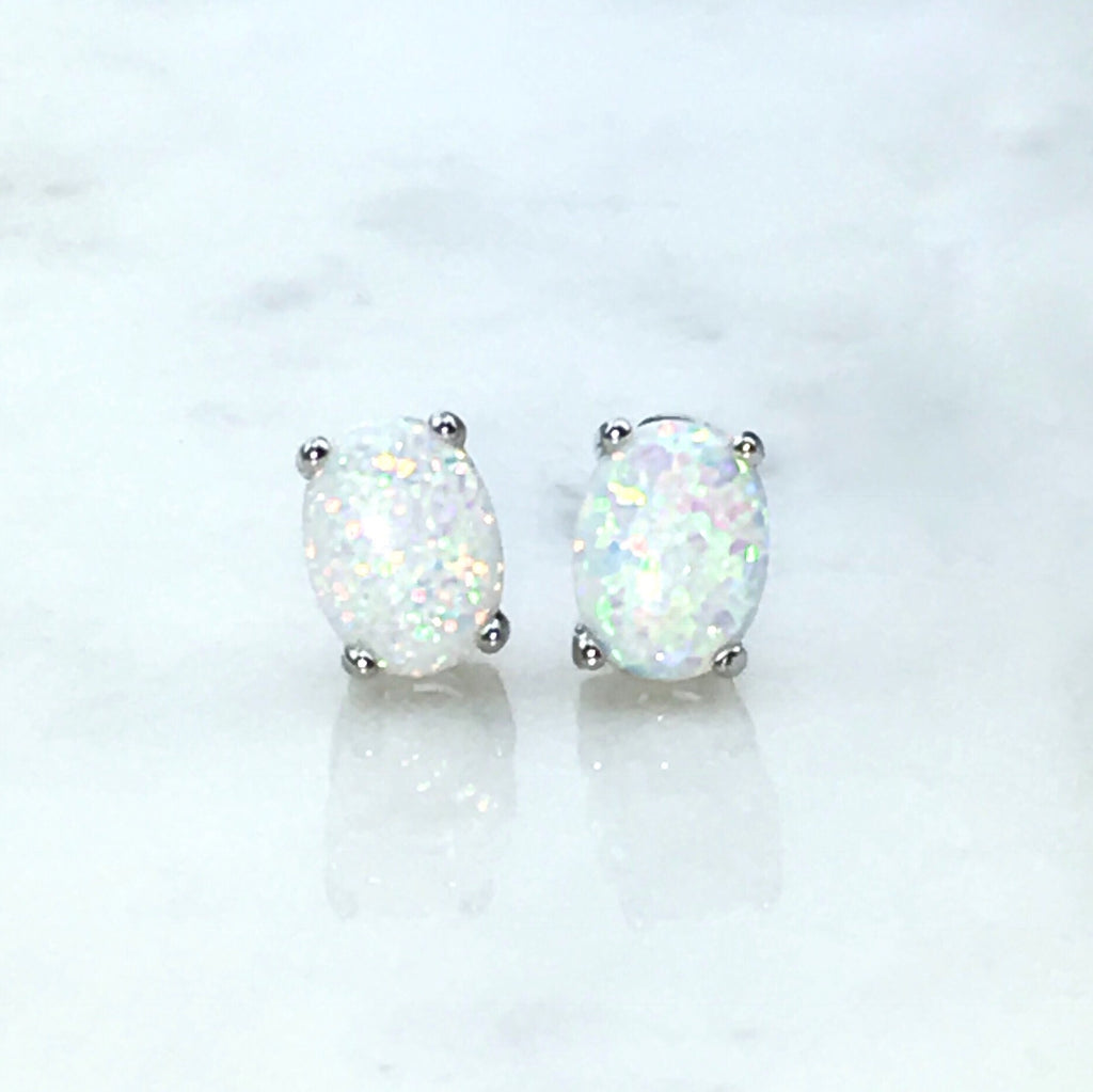 Oval White Opal Earrings